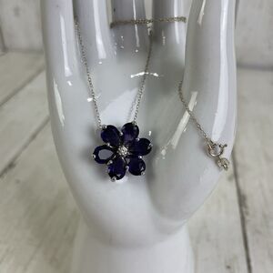 Sterling Silver Flower Pendant Necklace Purple CZ Stones 18” Italy Chain